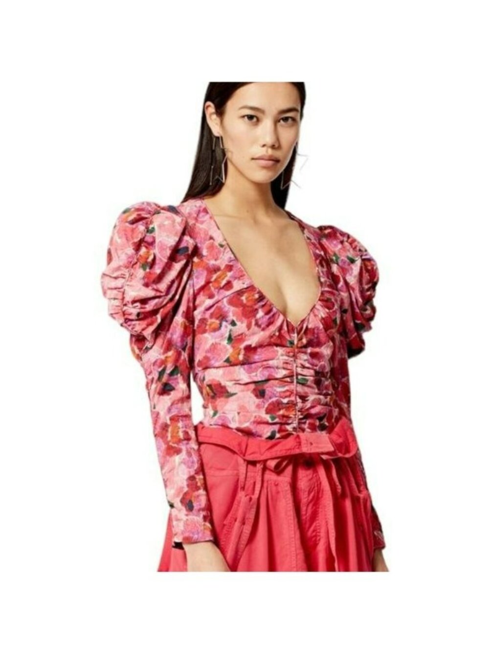 Isabel Marant $945 Floral Puff Sleeve Mirnao Ruched V Neck Top NWT Size 36 US 4